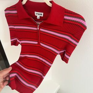STAUD Ren Striped Quarter Zip Polo Like New Stretch Ribbed Sz XS